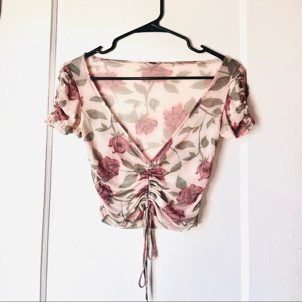 Sheer floral print cropped top with ruching and tie detail (size small) - Picture 1 of 3